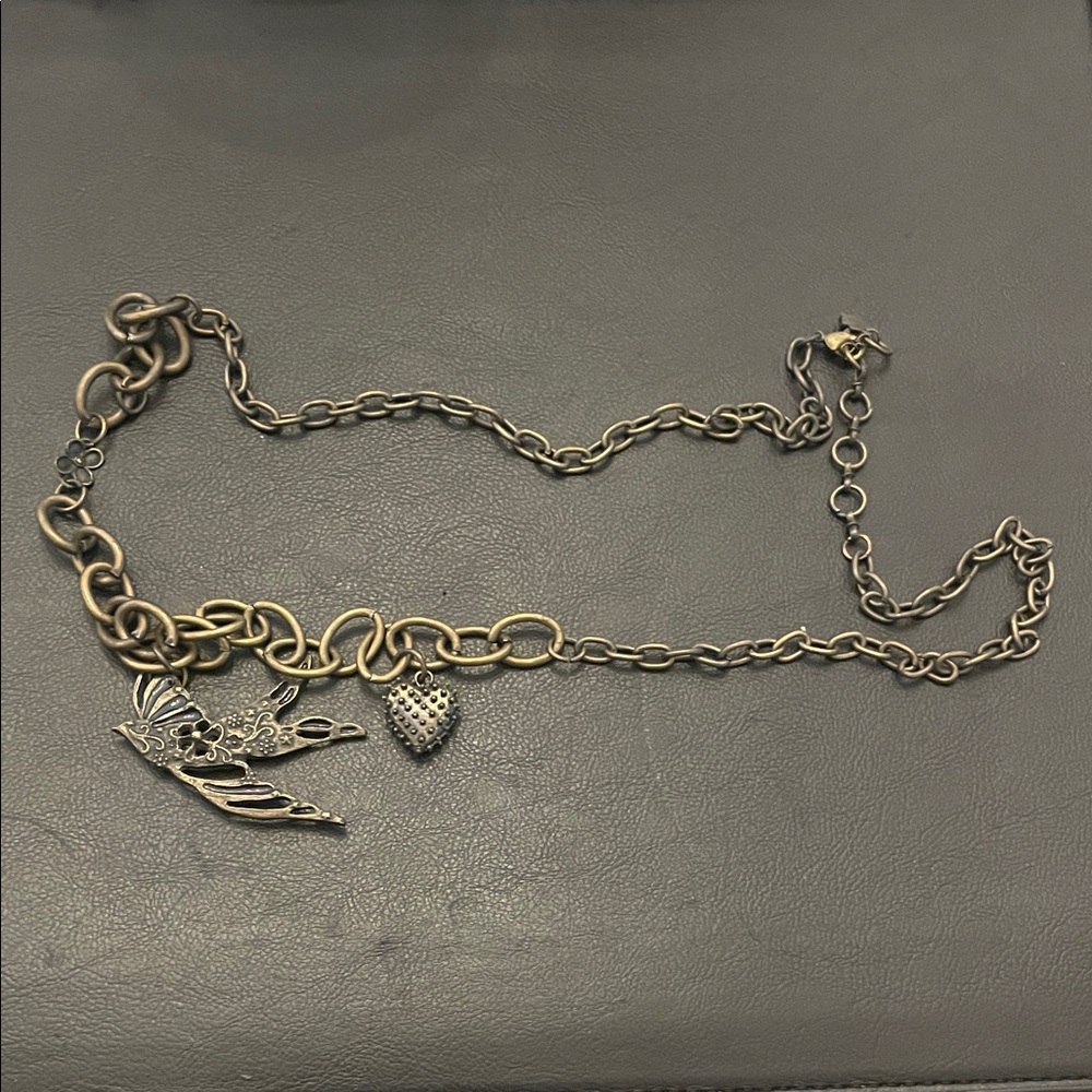 Vintage Look Design Silver Bird & Heart Charm Necklace - Women Jewelry